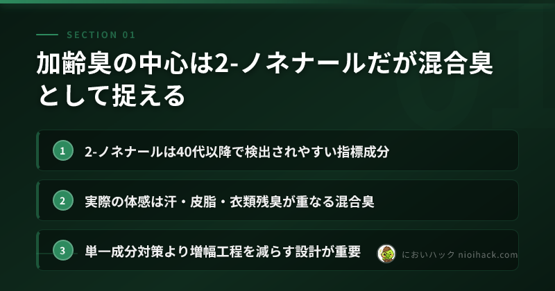 加齢臭の中心は2-ノネナールだが混合臭として捉えるのまとめ