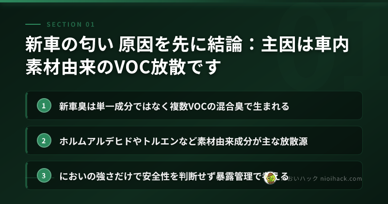 新車の匂い 原因を先に結論:主因は車内素材由来のVOC放散ですのまとめ