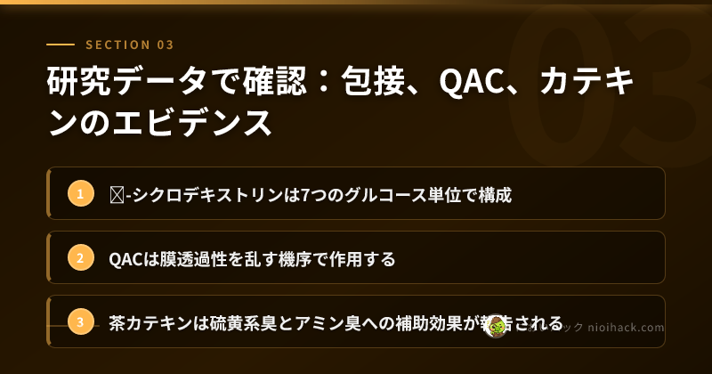 研究データで確認:包接、QAC、カテキンのエビデンスのまとめ