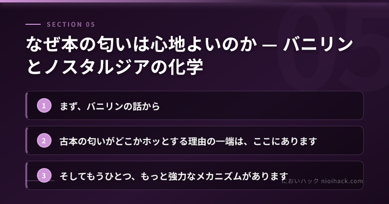 なぜ本の匂いは心地よいのか — バニリンとノスタルジアの化学のまとめ