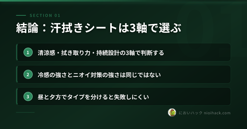 結論:汗拭きシートは3軸で選ぶのまとめ